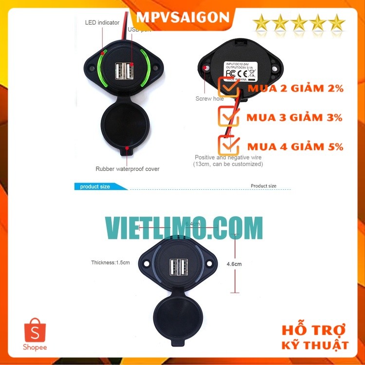 Sạc USB loại dẹp có LED 12V~24V 18W chuyên xe khách xe bus Limousine ...
