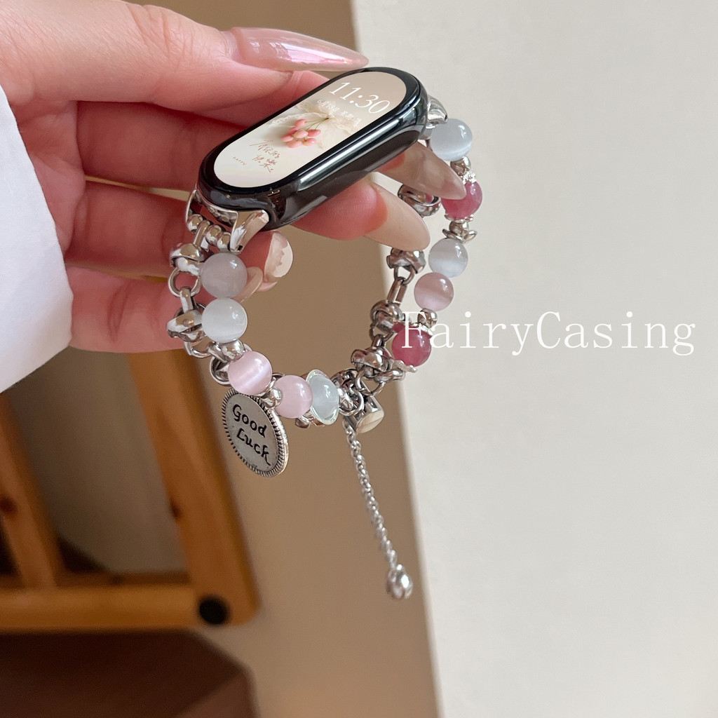 Dây đeo dây chuyền đá mắt mèo màu hồng cho Xiaomi Mi Band 10 9 8 7 6 5 4 3 cho Redmi Watch 6 5 4 Dây đeo cổ tay có thể điều chỉnh