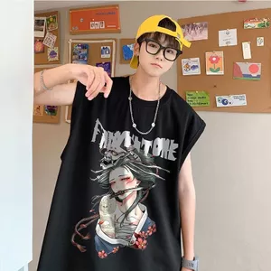 High Street Thời Trang Cao Cấp Geisha In Hình Chui Đầu Cổ Tròn Thời Trang Top Áo Vest Hợp Thời Trang Nam Nữ Cùng Phong Cách BF