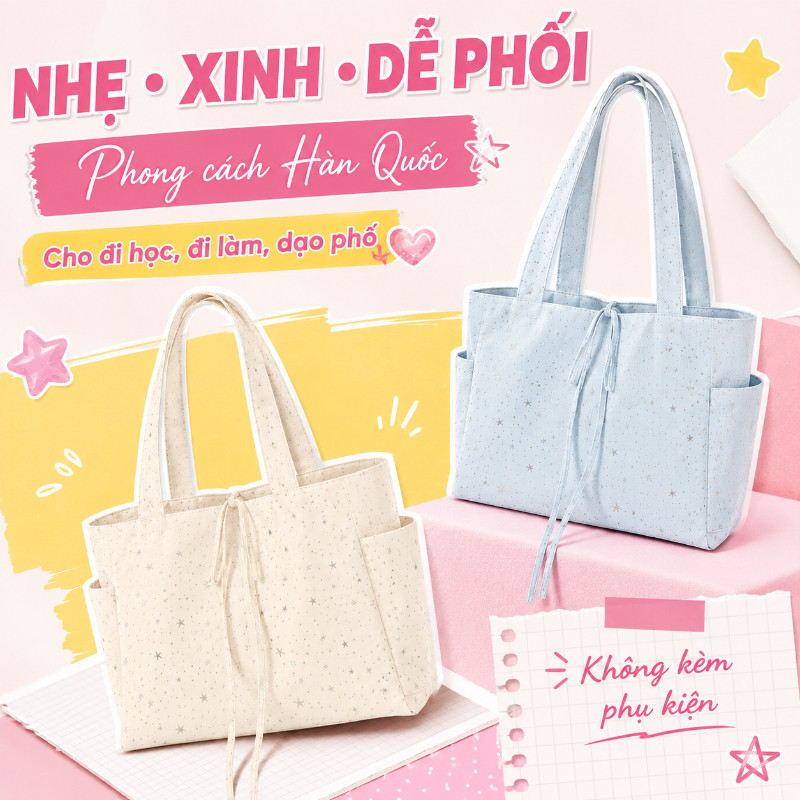 Túi Tote Canvas Sao Lấp Lánh - Tuyên Ngôn Thời Trang Cá Tính, Phong Cách Hàn Quốc Trẻ Trung, Đi Học Đi Làm Đều Chất