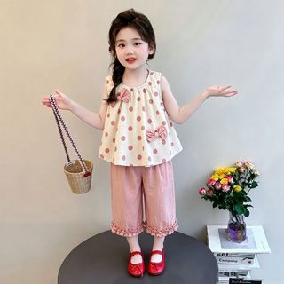 Bộ đồ bé gái mùa hè chấm bi - Áo sát nách đính nơ phối quần ống rộng thời trang dễ thương