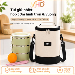 Túi giữ nhiệt hộp cơm hình tròn & vuông – Lớp nhôm dày, quai xách – Vải Oxford – Cho văn phòng, picnic