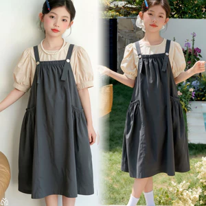 Bộ đồ phiên bản Hàn Quốc dành cho bé gái Mùa hè Phong cách mới cho trẻ em Áo ngắn tay + Váy dây đeo Bộ đồ hai mảnh
