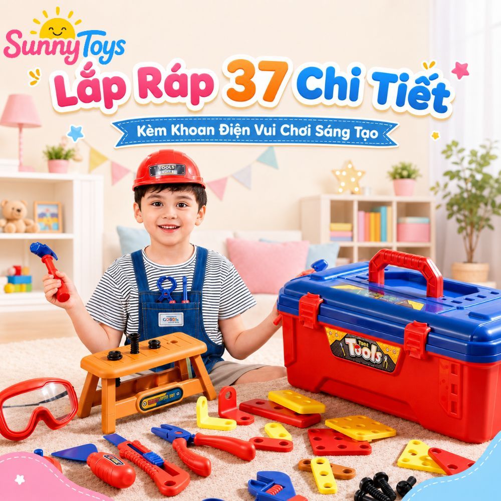 Bộ Đồ Nghề Kỹ Sư Nhí 37 Món SunnyToys - Khoan Điện, Mũ Và Kính Cho Bé Chơi Lắp Ráp