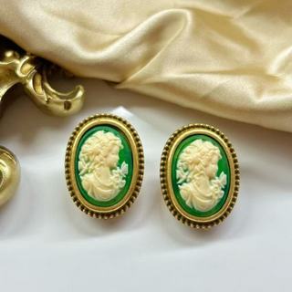 1 Cặp Bông Tai Vòng Cổ Vintage Ngọc Trai Men Đầu Màu Xanh Lá Cây
