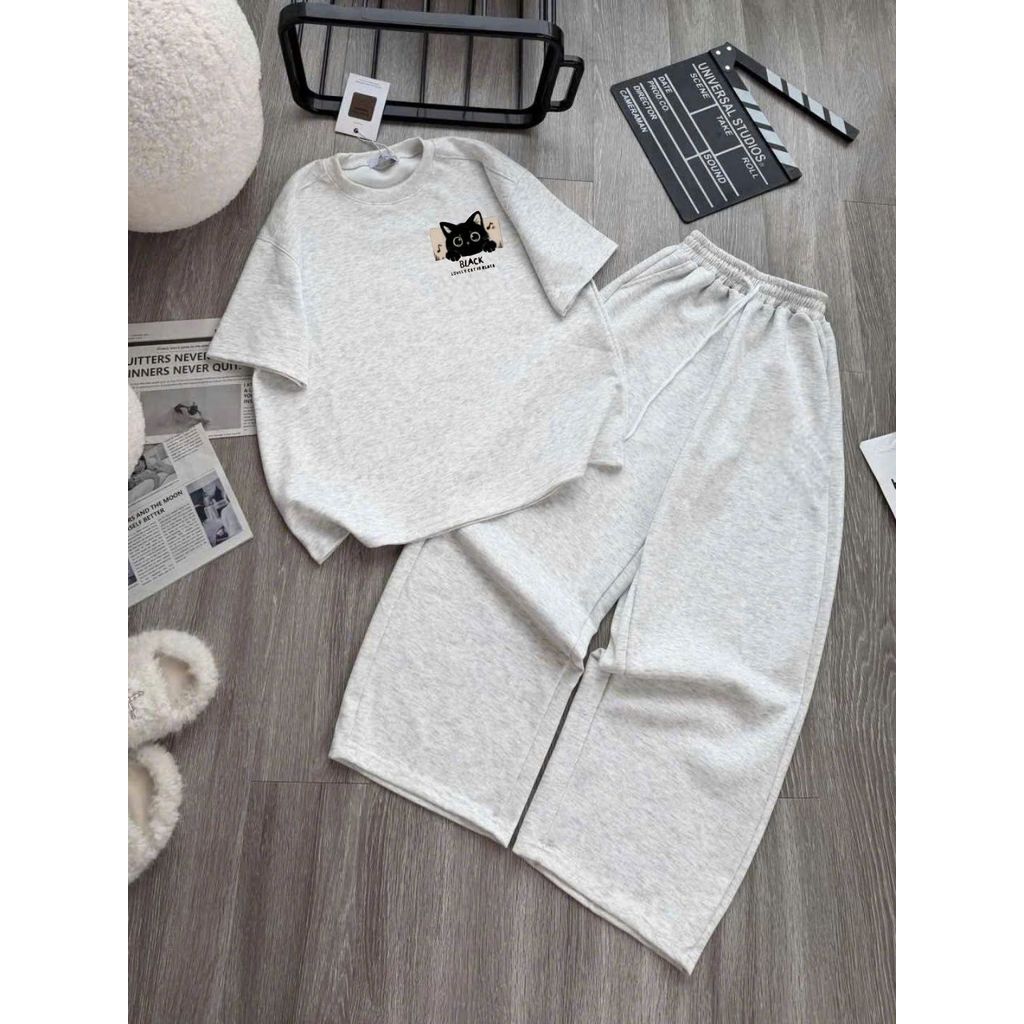 Sét bộ đồ nữ dáng dài da cá in ngựa màu xám đậm +phối áo phông xám đậm form rộng unisex chất mát