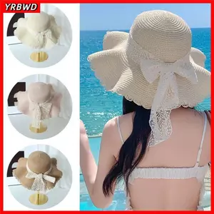 YRBWD Mũ Chống Nắng, Vành Rộng Mũ Rơm Đi Biển, Thời Trang Di Động Chống Tia UV Nơ Ruy Băng Mũ Rơm Du Lịch