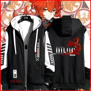 GC1 Genshin Tác Động Trò Chơi Diluc Áo Khoác Dây Kéo Áo Khoác Áo cardigan Áo Len Unisex Dài Tay Top Cosplay GC1