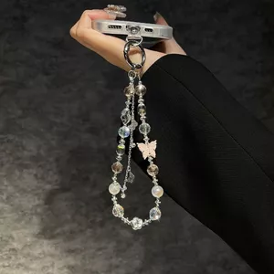 Dây đeo điện thoại pha lê MKK, mặt dây chuyền bướm tua rua, dây đeo tay/cầm tay, dài 6.22cm