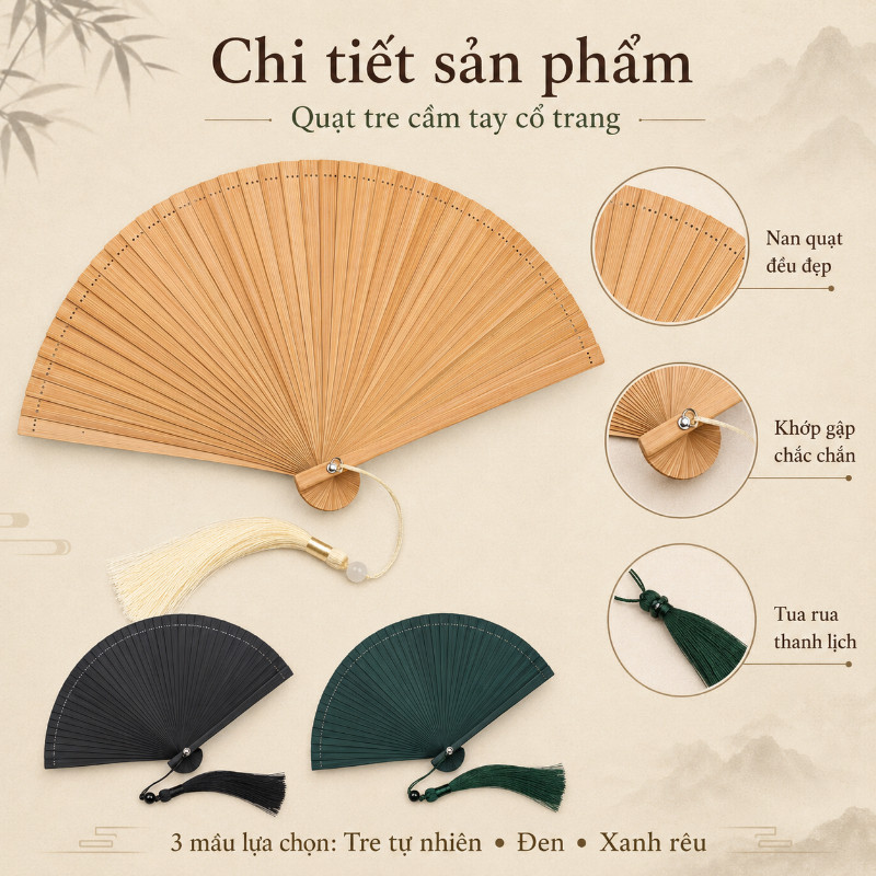 Quạt tre cầm tay cổ trang, quạt nan mini, tua rua, phụ kiện thời trang sự kiện & đám cưới