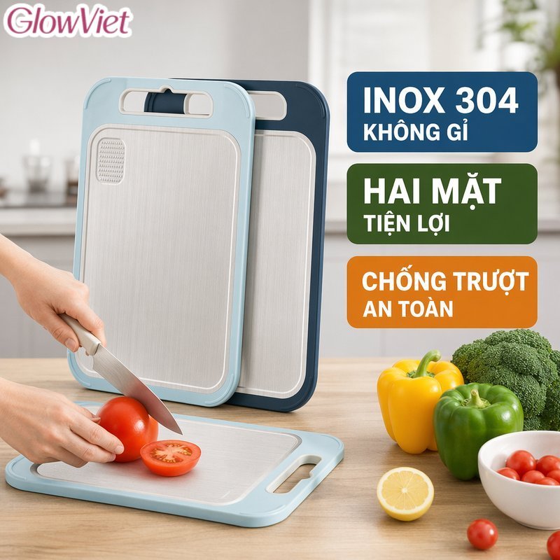 Thớt Inox 304 Nhựa PP Hai Mặt Kháng Khuẩn Chống Trượt Chống Mốc Rãnh Tách Sống Chín