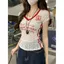 Mùa hè Phong cách mới kiểu Mỹ Retro Slim-fit Slimer Look Thời trang Cổ chữ V Áo thun ngắn tay thêu ren trong suốt hơi