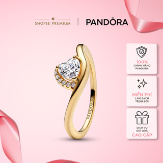Nhẫn Pandora Phủ Vàng 14K Lượn Sóng Đính Đá Trái Tim