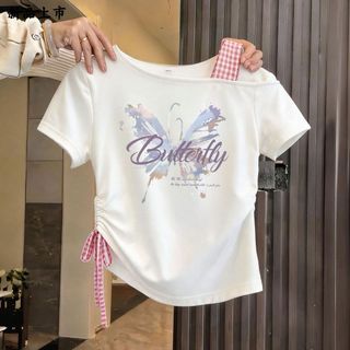 Áo thun bé gái cotton trắng tay ngắn lệch vai in hình bướm - áo mùa hè thời trang dễ thương