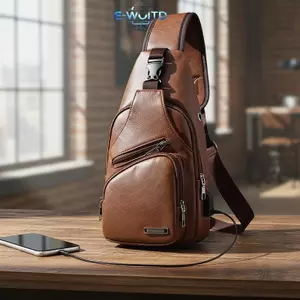 E-WOITD Đơn giản và thời trang Màu trơn PU đa chức năng Sạc USB Dây kéo Túi đeo ngực nam Túi đeo chéo hình thành E-WOITD