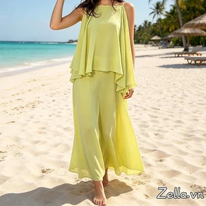 Trang phục mùa hè dành cho nữ Áo mũi không tay màu trơn + Bộ 2 món váy dài