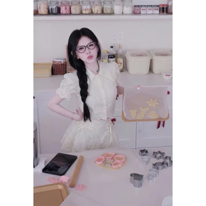 Set áo tay bồng cúc bọc phối chân ngắn thắt nơ, Set đồ tiểu thư thiết kế cao cấp sang chảnh SML BYJOLIE-AL
