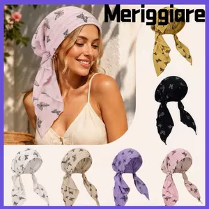 Mũ trùm đầu nữ MERIGGIARE, Băng đô ren in hình bướm co giãn thoải mái, Thời trang thoáng khí 6 màu Mũ Turban hợp thời trang Mặc hàng ngày