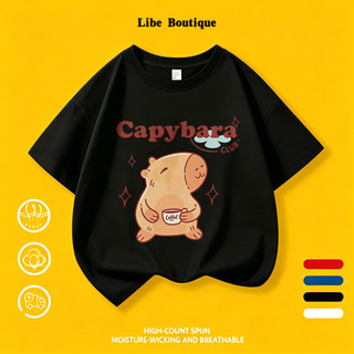 COD✅(Hồ Chí Minh) Áo thun trắng cotton in Capybara uống cà phê cute, size 9-65kg, thoáng mát thấm mồ hôi