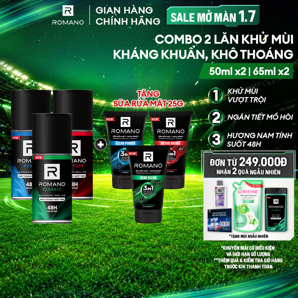 [Tặng Sữa rửa mặt 25g] Combo 2 Lăn khử mùi Romano Khử mùi vượt trội, Hương nam tính suốt 48H ( 50ml x 2 )