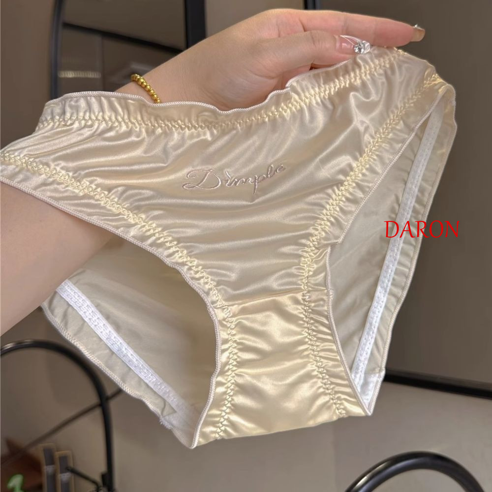 DARON Xù Quần Lót Lụa Satin, Thêu Chữ Giữa Eo Nữ Satin Quần Đùi, Quần Lót Thoải Mái Quần Lót Nữ Đồ Lót Hàng Ngày