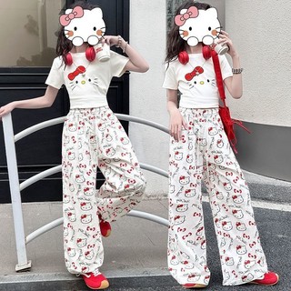 Bộ đồ bé gái Hello Kitty 2 món - Áo thun tay ngắn + quần ống rộng dễ thương