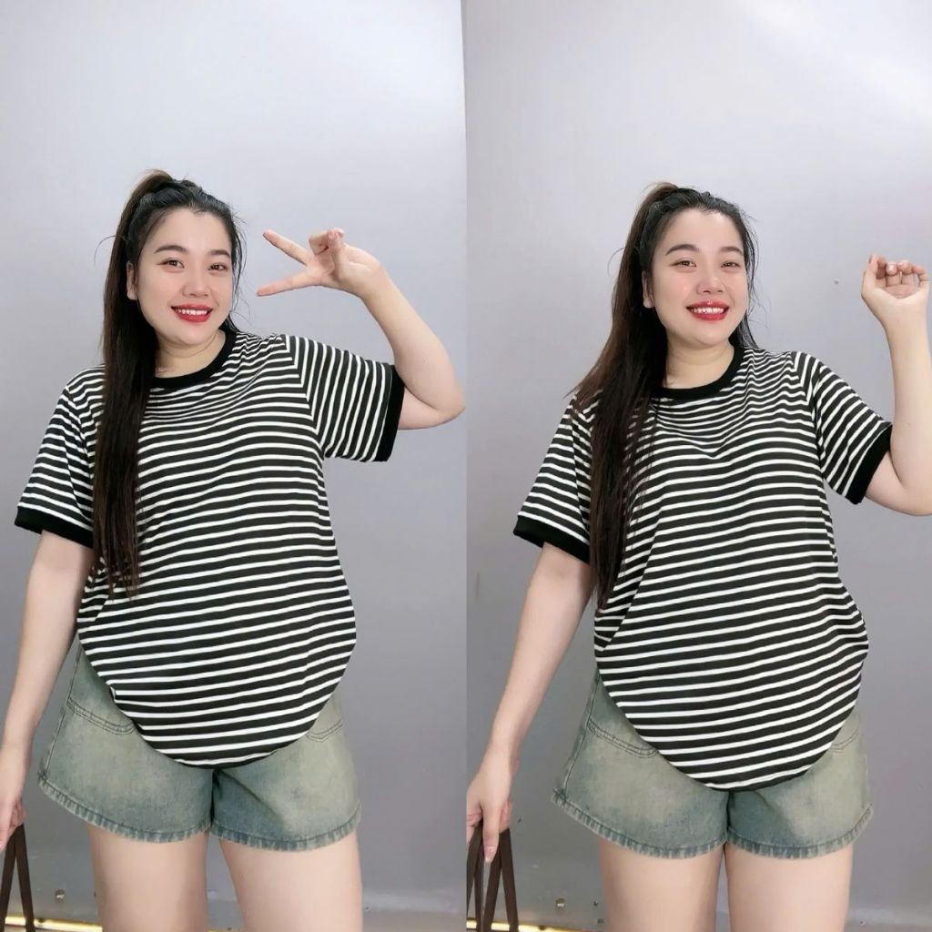 Áo Thun Oversize Bigsize Nữ – Phom Rộng Kẻ Sọc Phối Viền Màu, Thoải Mái Size 50-92kg A294