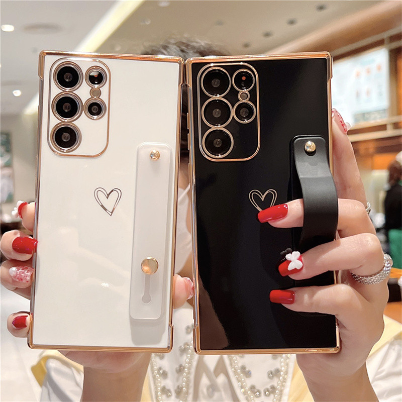 Dây Đeo Cổ Tay Giá Đỡ Mạ Dành Cho Samsung Galaxy S25 S24 FE S25 S24 S23 UItra Plus Bên Trái Tim Tình Yêu Chống Sốc Ốp lưng