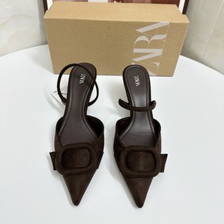 ZA2025 Mùa Xuân Vuông Khóa Giày Nữ Baotou Slingback Dép Nâu Mũi Nhọn Giày Cao Gót Mules QMEL