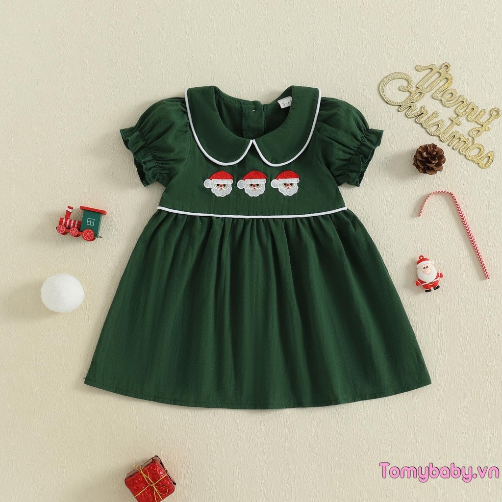 Váy Giáng Sinh Bé Gái Tay Ngắn Cổ Búp Bê Váy Thêu Ông Già Noel