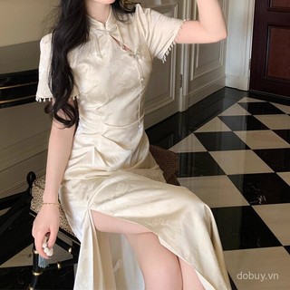 Mùa Hè 2025 Đầm Dài Nữ Thanh Lịch Thiết Kế Sườn Xám Giúp Giảm Béo