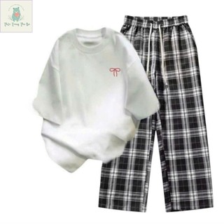 [ Hàng Mới ] Sét Bộ Quần Kẻ caro+ mix áo phông form rộng -nơ AN PHA in ngực-