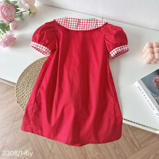 Váy Đỏ Tết Noel Cộc Tay Cổ Sen Caro Đính Cherry Cho Bé Gái Chất Thô Lụa 8-26kg