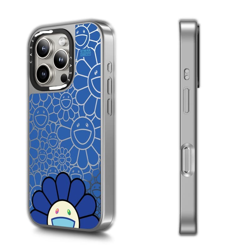 TAKASHI MURAKAMI x CASECASE: FLOWERS BLOOM SMILE (XANH) Gương đen & bạc Vỏ iPhone hút từ tính cho iPhone 17 Air 16 15 14 13 12 Pro Max Plus logo khắc