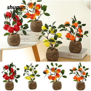 SHUPUN Trái Cây Nhân Tạo Cây Cảnh, Chậu Hoa Màu Xám Lá Xanh Cây Trong Chậu, Đạo Cụ Ảnh Sáng Tạo Lựu Chanh Cam Chống Thấm Nước Để Bàn Trang Trí Quà Tặng