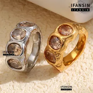 Nhẫn hình học FANSIN, Nhẫn hình bầu dục chống nước cắt hình bầu dục, Thiết kế hình học rèn tối giản Mạ bạc vàng Nhẫn thép không gỉ Món quà trang sức