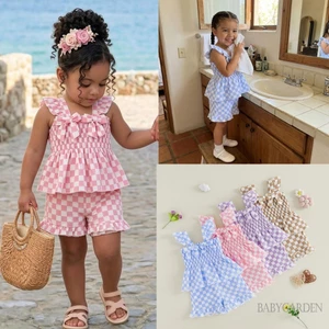 Bộ trang phục mùa hè cho bé gái 6M-4Y Áo xếp nếp tay bay kẻ sọc thời trang có quần short Bộ 2 chiếc