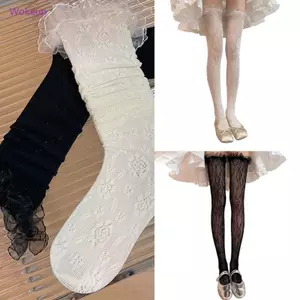 Woke Nữ Ruffle Ren Viền Đùi Vớ Hoa Họa Tiết Fishnet Vớ Dài