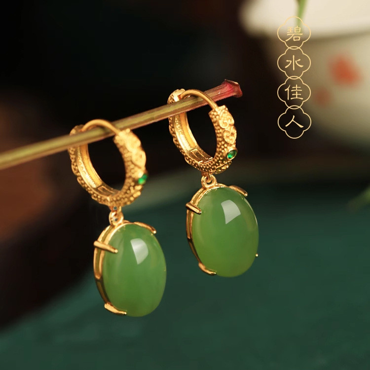 Bông tai đá mắt mèo mạ vàng phong cách Trung Quốc