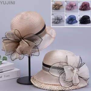Mũ chậu mùa hè YUJUNI, Mũ trà Organza Mũ che nắng ngoài trời, Hoa màu trơn thoáng khí cho nữ Mũ ngư dân