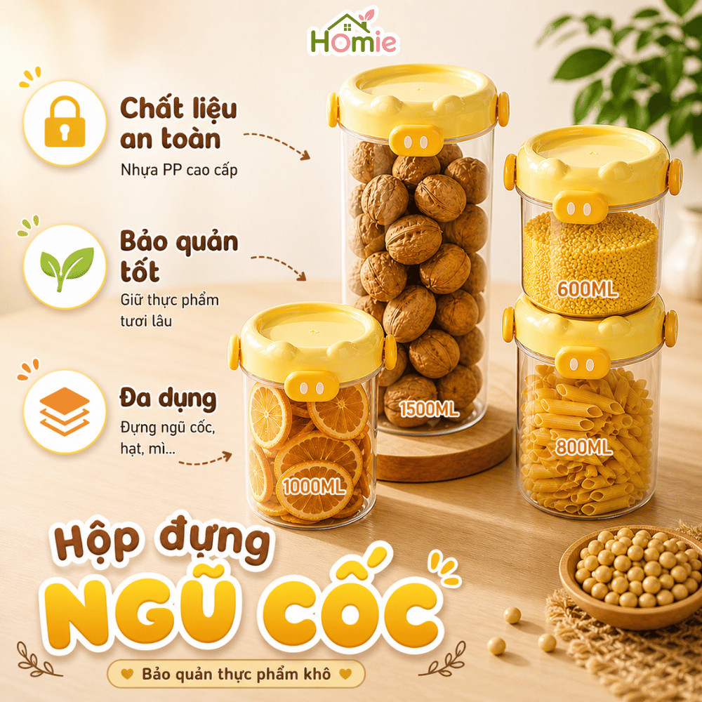 Hộp Đựng Ngũ Cốc Kín Khí Có Nắp Khóa Chống Ẩm Mốc HOMIE, Hộp Nhựa Đựng Thực Phẩm, Hũ Để Đồ Khô