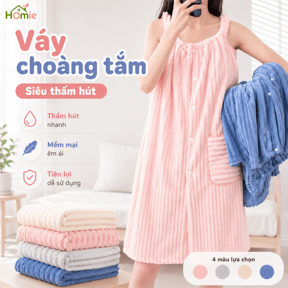 Váy Choàng Tắm Nữ Sợi Microfiber Cao Cấp, Siêu Thấm Hút HOMIE,  Mềm Mịn Dày Dặn Không Rụng Lông