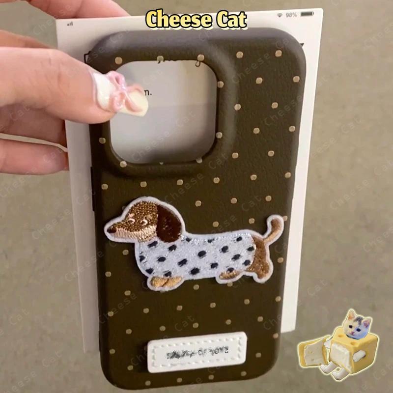 Thêu Nâu Dachshund Dành Cho iPhone 14 15 Plus Xs Max XR 7 Plus 16 13 12 11 17 Pro Max Bao Da Điện Thoại