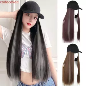 Mũ bóng chày CODECOVED có tóc giả, Điểm nổi bật một mảnh Tóc dài thẳng màu xám, Phần mở rộng tóc Mũ chống nắng phong cách Hàn Quốc Mũ lông tơ có thể điều chỉnh Mũ tóc giả nữ