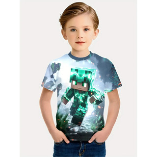 Pixel Creeper Zombie Kim Cương Giáp Trẻ Em Áo Thun Tay Ngắn Bé Trai Mùa Hè Pixel Vuông Hoạt Hình Thoáng Khí Tay Ngắn Giữa Lớn Trẻ Em 3-13 Tuổi Thường Ngày Trẻ Em