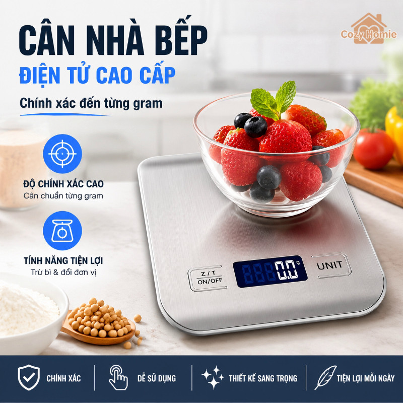 Cân Điện Tử Nhà Bếp Màn Hình LCD Độ Chính Xác Cao Trừ Bì Đổi Đơn Vị Cân Thực Phẩm