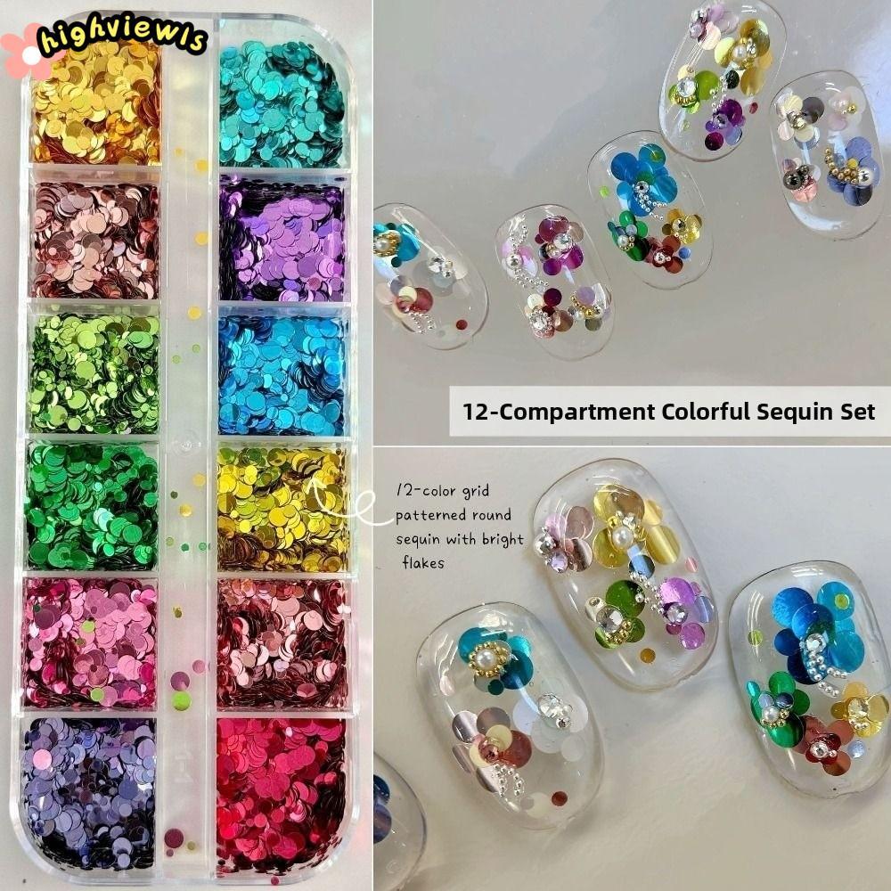 HIGHVIEWLS Phụ kiện nghệ thuật móng tay lấp lánh, 12 lưới sequins nhiều màu DIY, trang trí salon