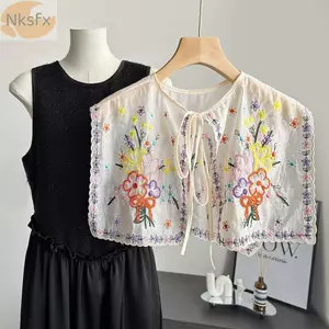 Cổ ren nữ NKSFX, Áo choàng có dây buộc cổ áo sơ mi có thể tháo rời, Thời trang thêu cổ áo giả Áo choàng giả