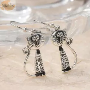 NKSFX 1 Cặp Bông Tai Mặt Dây Chuyền Phong Cách Mèo, Bông Tai Retro Đồng Retro Punk, Sáng Tạo Mèo Bất Đối Xứng Thiết Kế Bông Tai Nữ