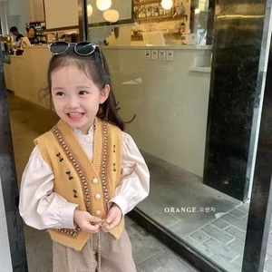 ✿ Bé Gái Hàn Quốc Vintage Jacquard Đan Áo Cổ Chữ V Nút Thêu Anh Đào Trẻ Em Mùa Xuân Thu Trang Phục